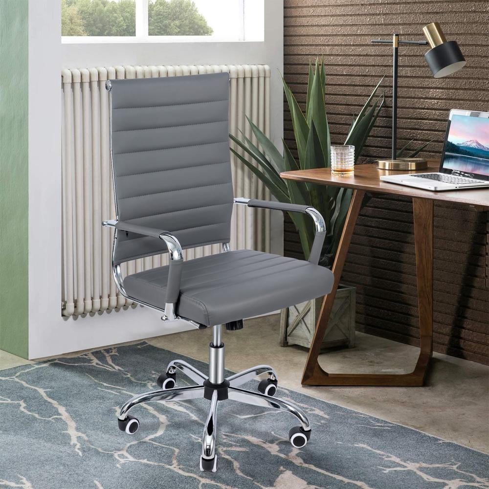 Okeysen Mid-Back Ribbed Home Office Desk Chair Ergonomic Faux Leather Conference Room Swivel Chairs Adult, Gray