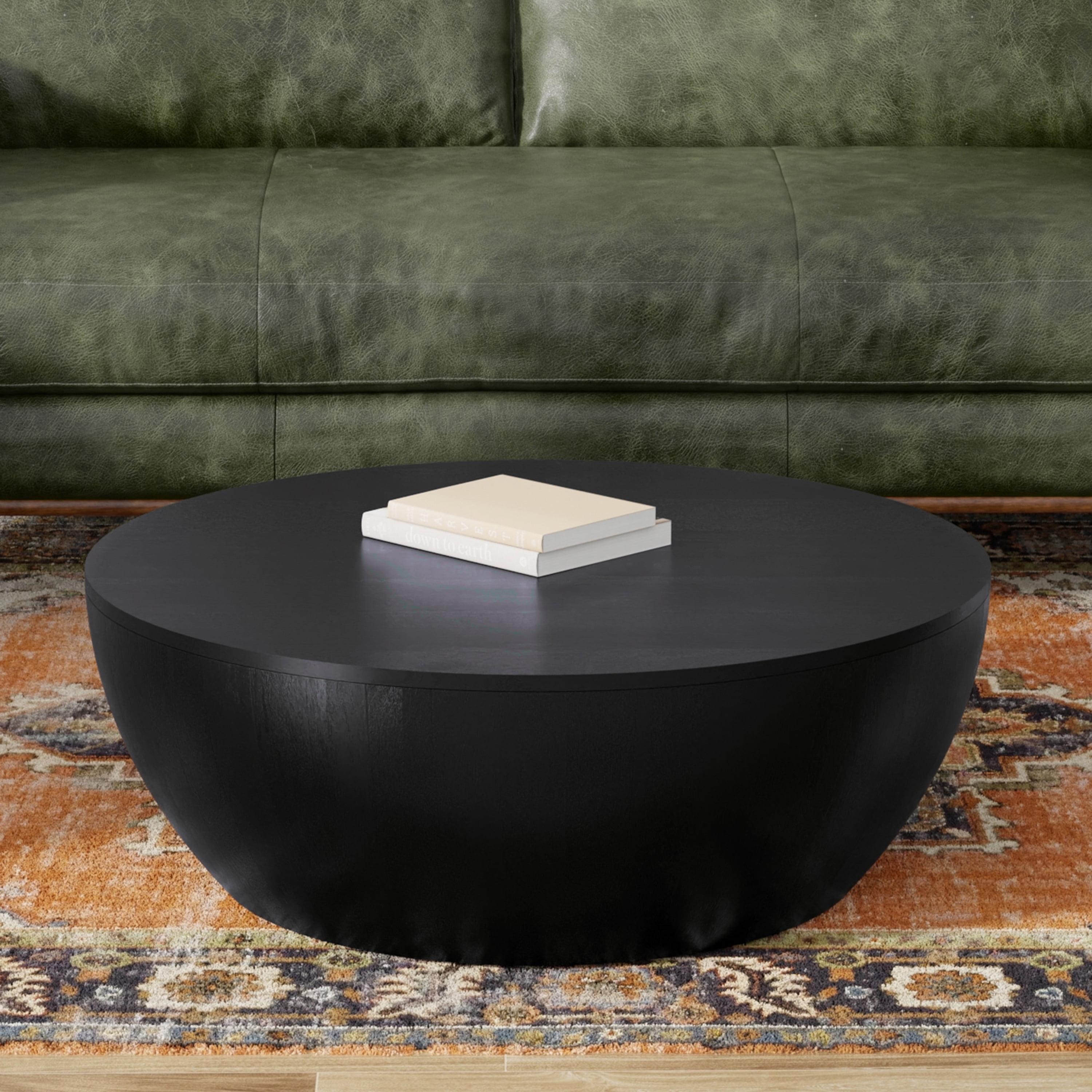 Simpli Home Elmbrook 34 inch Wide Solid Mango Modern Industrial Drum Coffee Table in Black, Assembled