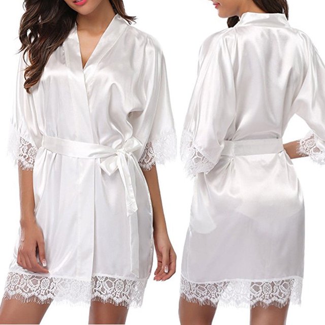 Bata de seda de encaje sexy con cinturón para mujer Albornoz tipo kimono de boda de satén corto Ropa de dormir Camisón de manga corta Pijamas con cuello en V xuanjing unisex