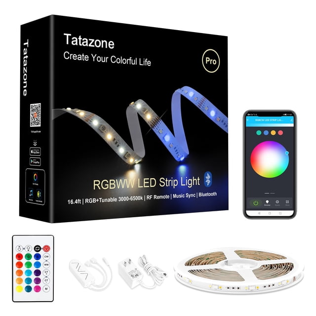 Tira de luces LED Tatazone RGBWW Bluetooth 16.4 pies con aplicación y control remoto