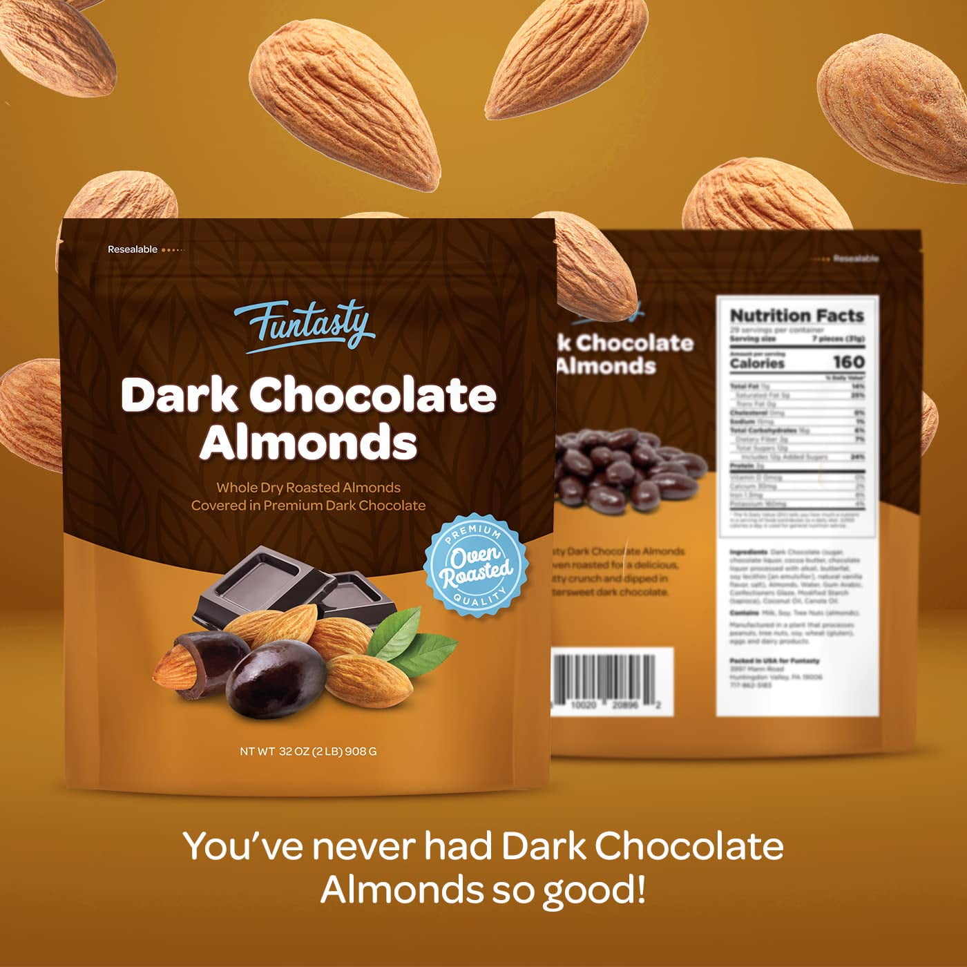 Funtasty Dark Chocolate Covered Roasted Almonds Candy, 2 Pound Pack