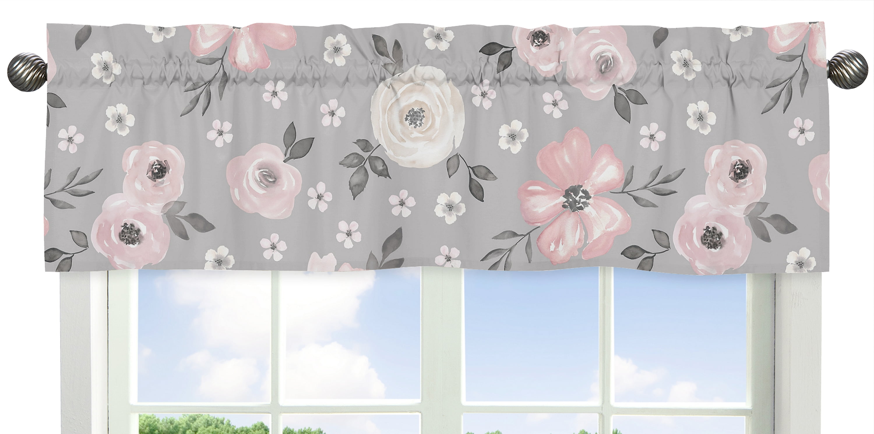 Watercolor Floral Grey and Pink Rose Semi-Sheer Window Valance by Sweet Jojo Designs