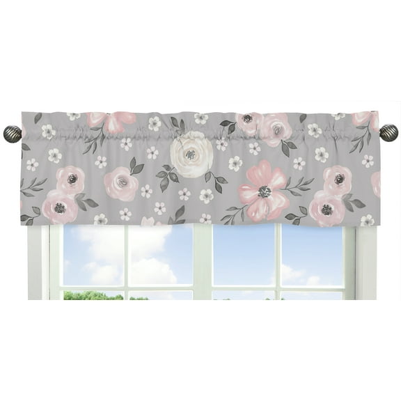 Watercolor Floral Grey and Pink Rose Semi-Sheer Window Valance by Sweet Jojo Designs