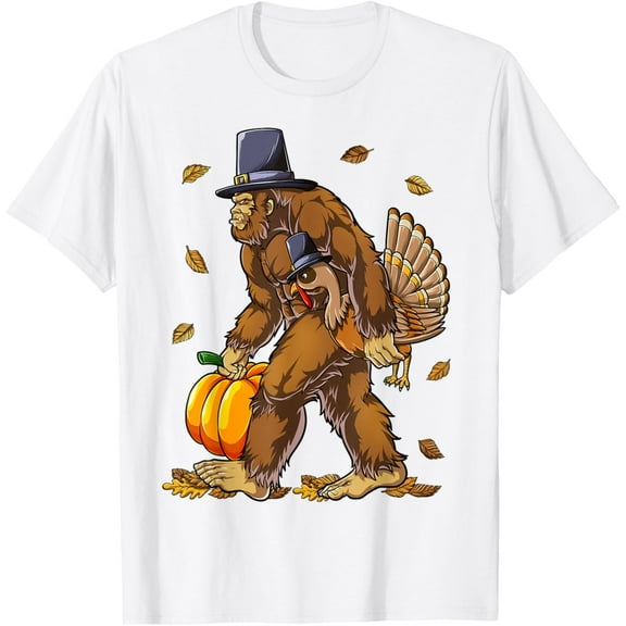 Bigfoot Pilgrim Turkey Pumpkin Thanksgiving Day Boys Men T-ShirtMen's and women's pure cotton short-sleeved shirts