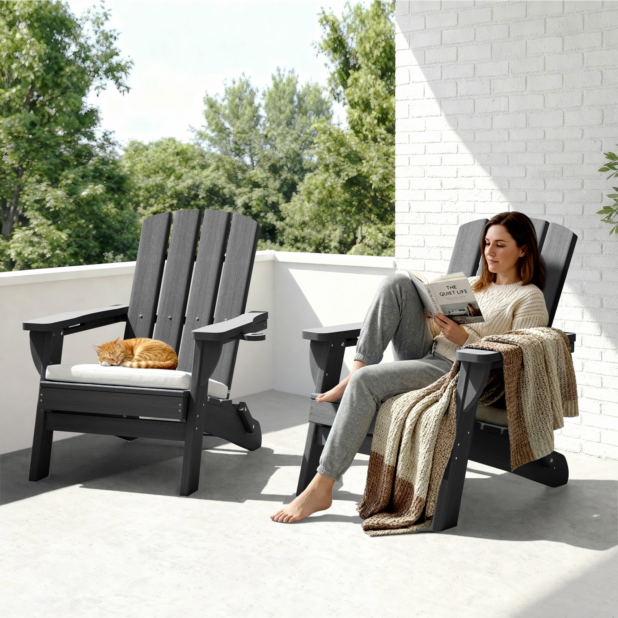 SUUNYN Folding Adirondack Chair, HDPE All-Weather Fire Pit Chairs, Plastic Adirondack Chairs with 2 Cup Holder, Grey