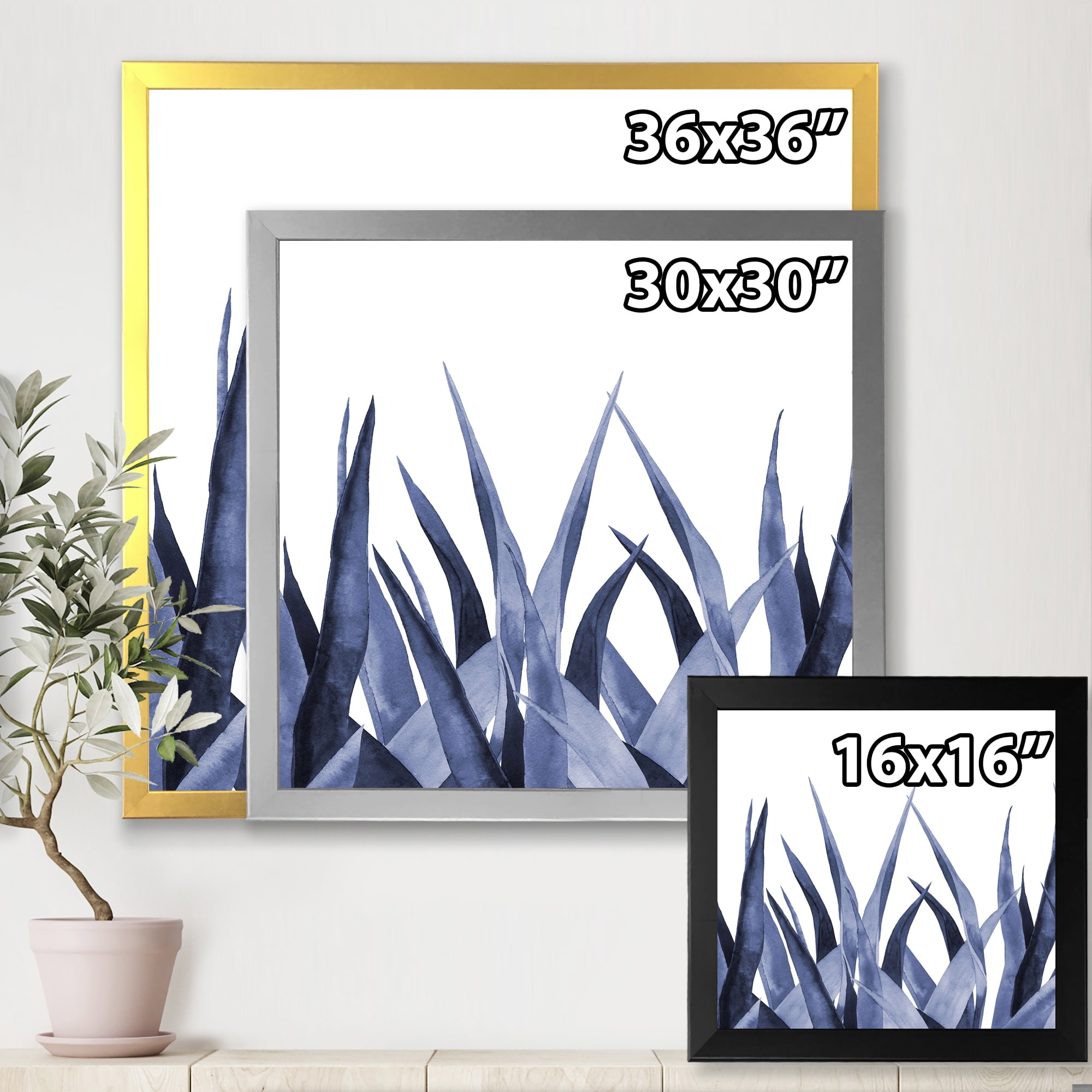 Designart 'Close Up Navy Blue Agave Leaves' Traditional Framed Art Print