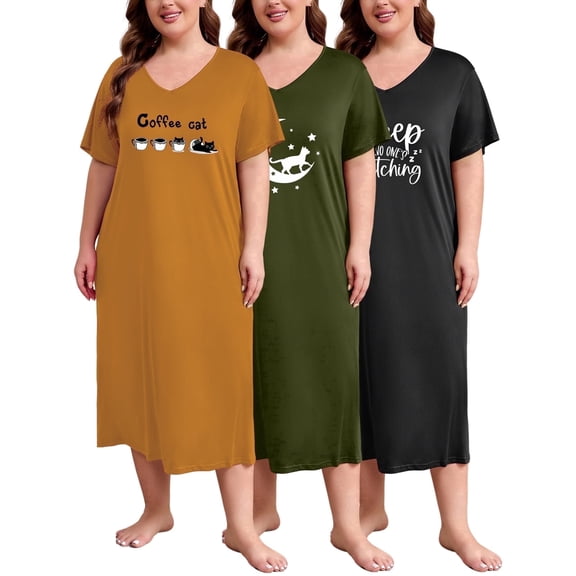 FEREMO Nightgown for Women Plus Size Long Sleepwear Printed Comfy Sleep Shirts 3 Pack