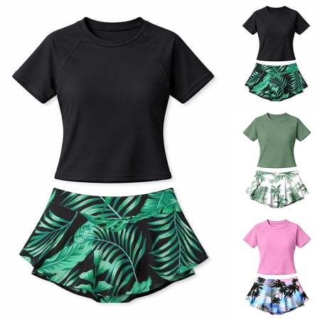XINXIAOO Girls 2 Piece Swimsuit Short Sleeve Rash Guard Top with Built In Shorts Skirts Bathing Suits for Girls 9-10Y