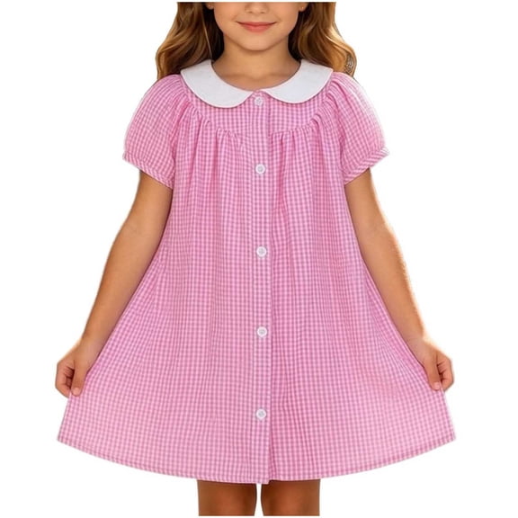 LOOK! Auroural Children's Plaid Lapel Short Sleeved Dress Girls' Summer College Style Casual And Comfortable Dress(2-8Y)