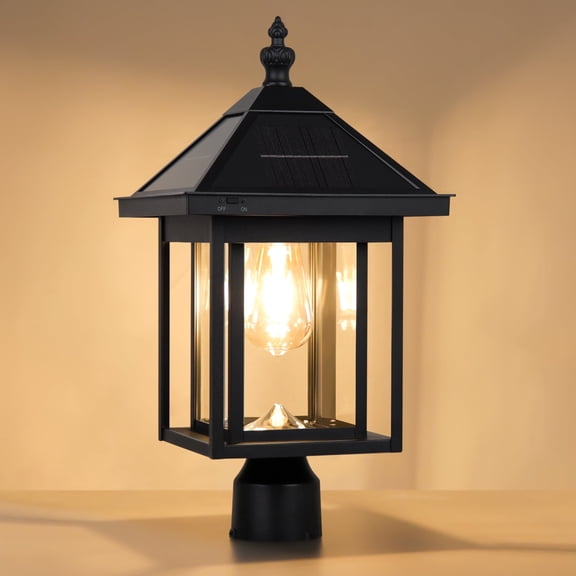 KMC LIGHTING ST4343Q-B Solar Post Lights Outdoor Die-cast Aluminum LED Solar Lamp Post Light Waterproof LED Pillar Lights with Real Glass for Patio Yard Driveway Garden Porch