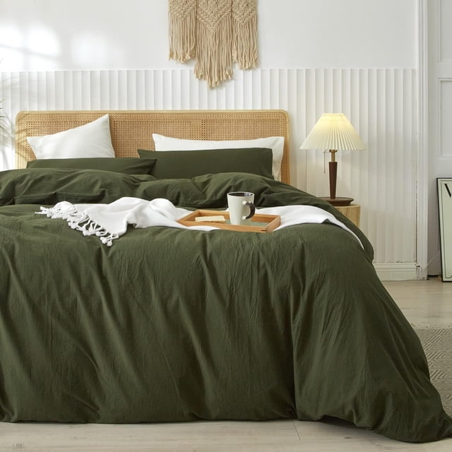 Washed Cotton Duvet Cover Set Linen Feel Natural Wrinkle Lightweight Comfy (King Linen)
