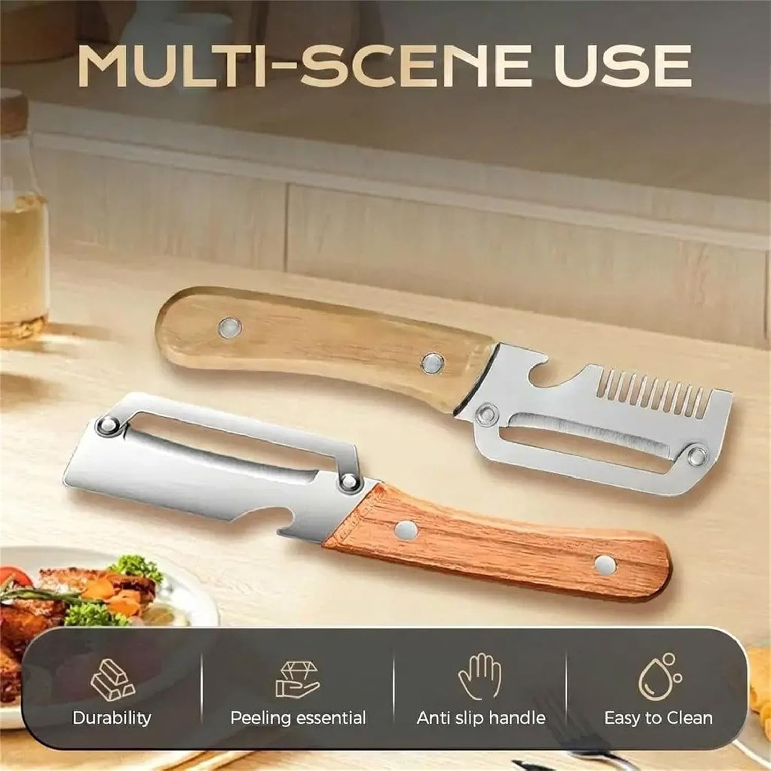 Elite Gourmet Knives and Cutlery Set, 2-Pack Multi-functional Vegetable Peeler for Kitchen, 2.5 Mm Stainless Steel Peeler, 3-in-1 Scallion Shredder & Peeler-Stainless Steel, Multi-tool