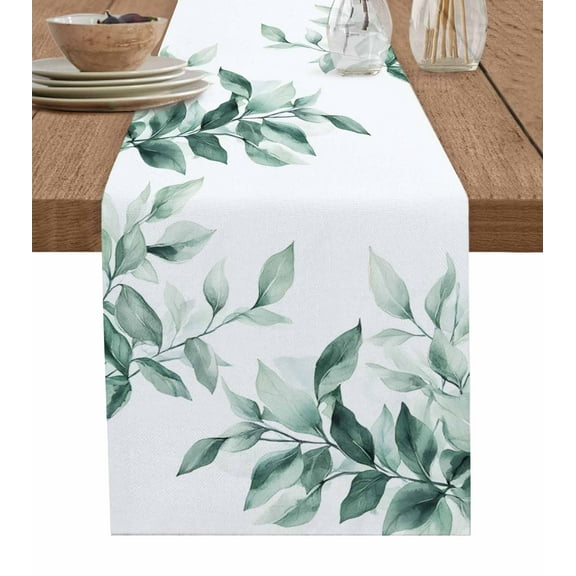 Table Runner Dresser Scarf 13 x 60 Inch Summer Plant Watercolor Green Leaf Table Runners Non-Slip Heat Kitchen Dining Table Decor for Indoor Outdoor Home Party Decoration