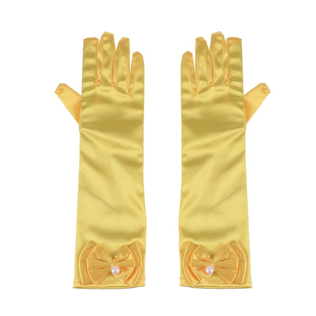 1 par de guantes largos de satén con lazo para niña de las flores, para boda, fiesta de noche (amarillo)