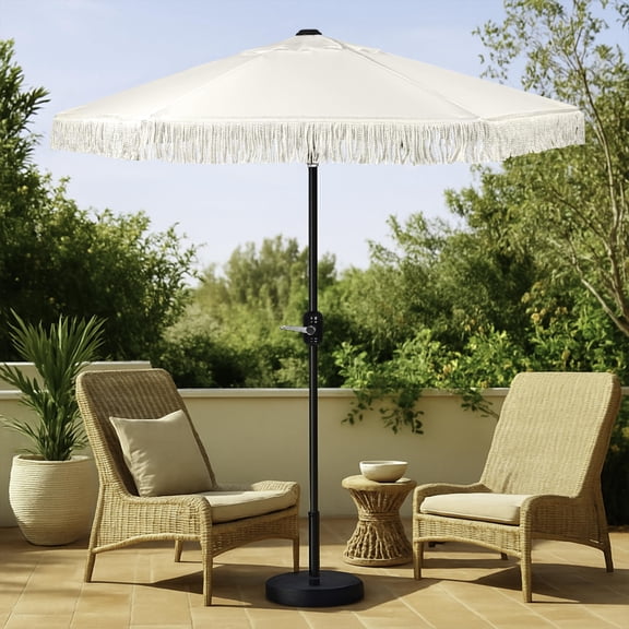 Punchau 6 Ft Tan Fringe Patio Umbrella - Outdoor Umbrella for Patio, Pool, Table, Garden, & Deck, Push Button Tilt Pole - Fashionable Vintage Tassels & Wood Print - Tan