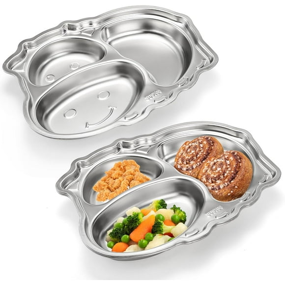 3 Pack Stainless Steel Divided Plates, 18/8 Metal Unbreakable Portion Control Plate with 3 Sections, Cute Cow Shaped Steel Plates, BPA Free