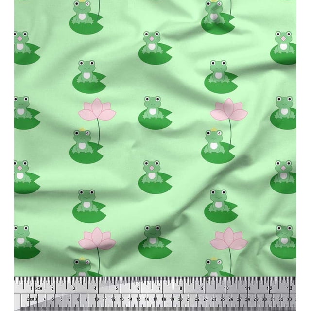 Soimoi Cotton Voile Fabric Lotus & Frog Kids Print Sewing Fabric Yard 56 Inch Wide