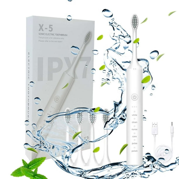 Cepillo de dientes eléctrico con 6 modos y 4 cabezales de cepillo - 22000 VPM, impermeable IPX7, recargable USB, batería de 50 días