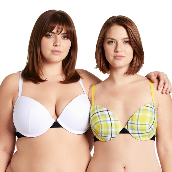 Curve Muse Women's Plus Size Add 1 and a half Cup Push Up Underwire Bras -2PK-White Print,White-32B