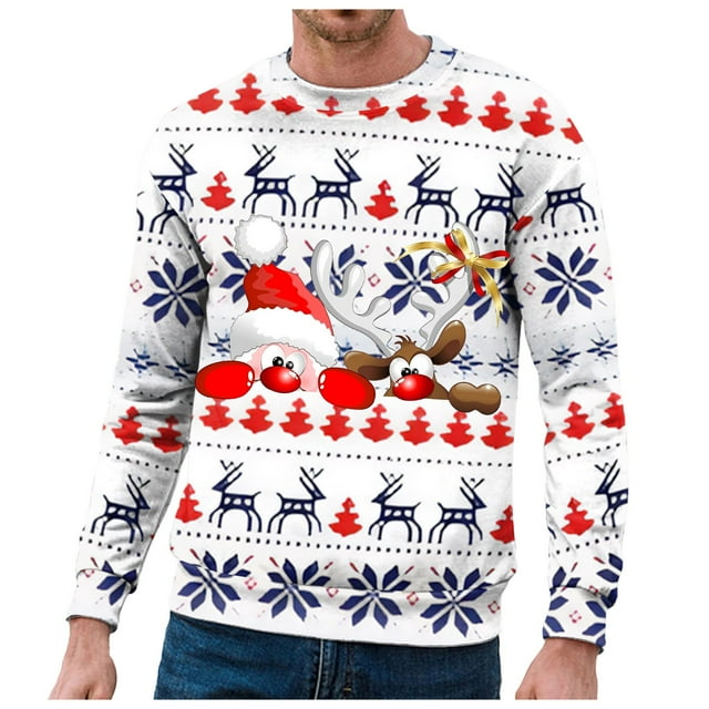 Chandail à Capuche Sans Capuche pour Hommes Hiver Chaud Col Rond Chandail Imprimé Flocon de Neige Père Noël Décontracté Confortable Doux