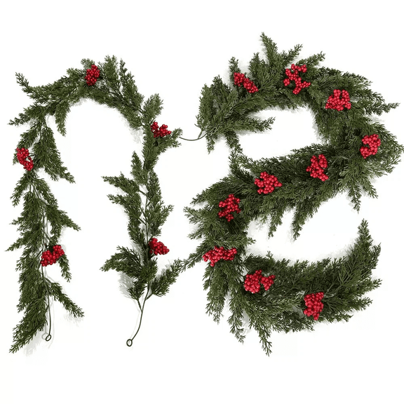 Artificial Cedar Pine Red Berry Christmas Garland, 6FT Realistic Faux Holiday Greenery Vine with Red Berries, Dense Lush Festive Garland for Mantel, Staircase, Fireplace, Indoor Outdoor Xmas Decor,