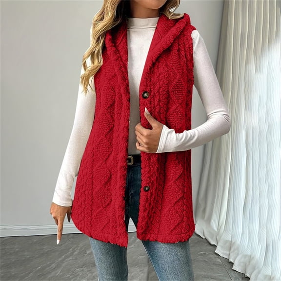 Delayuji Womens Plush Vest Coat With Hood Winter Fleece Button Up Long Vest Jackets Warm Lightweight Spring Outerwear