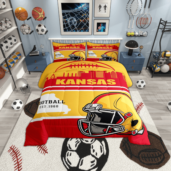 Erosebridal Football Kansas Comforter Sets Twin Size, Soccer Sport Comforters & Duvets, Yellow Purple Duvet Insert, Breathable Bedroom Decoration, 2pcs