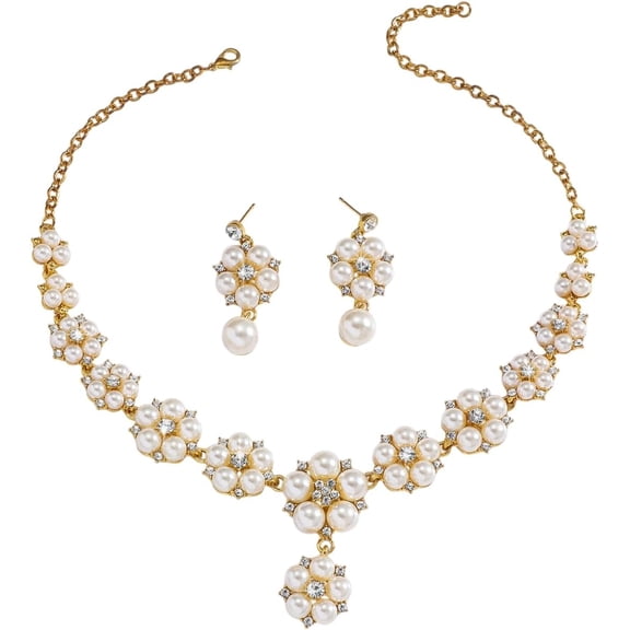 Flower Alloy Rhinestone Plastic Link Chain Necklaces Stud Dangle Earrings Sets Golden 500mm Gold