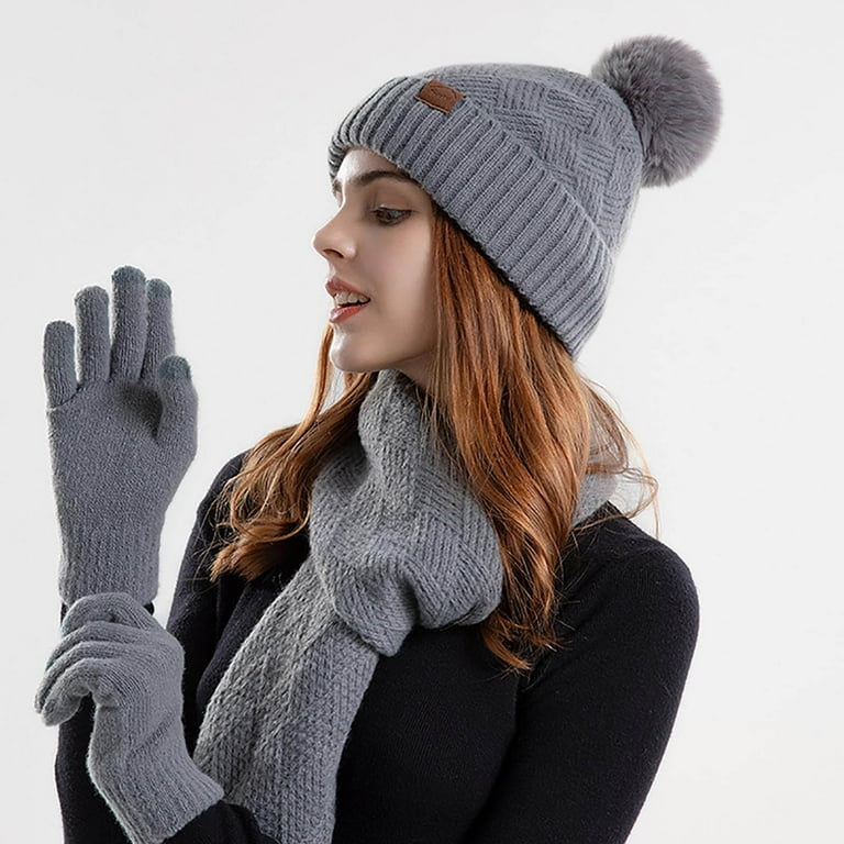 Womens Cable Knit Beanie Hat Scarf Glove Set, Fleece Lined Winter Hats Woman Winter Hat Fleece Lined Neck Warmer Scarf and Gloves  main image 2