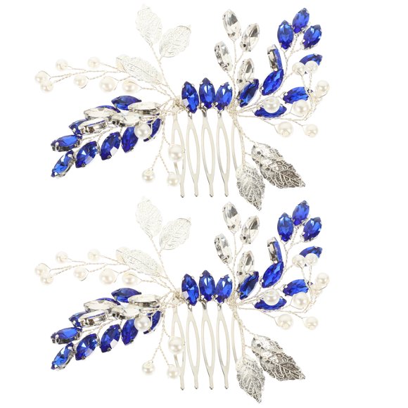2 peinetas azules con diamantes de imitación para el pelo, con forma de hoja, para novia, para boda