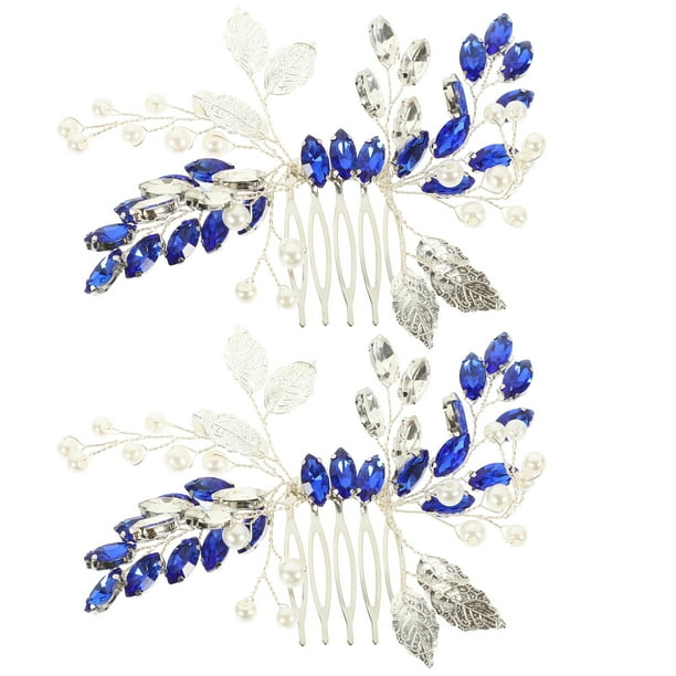 2 peinetas azules con diamantes de imitación para el pelo, con forma de hoja, para novia, para boda