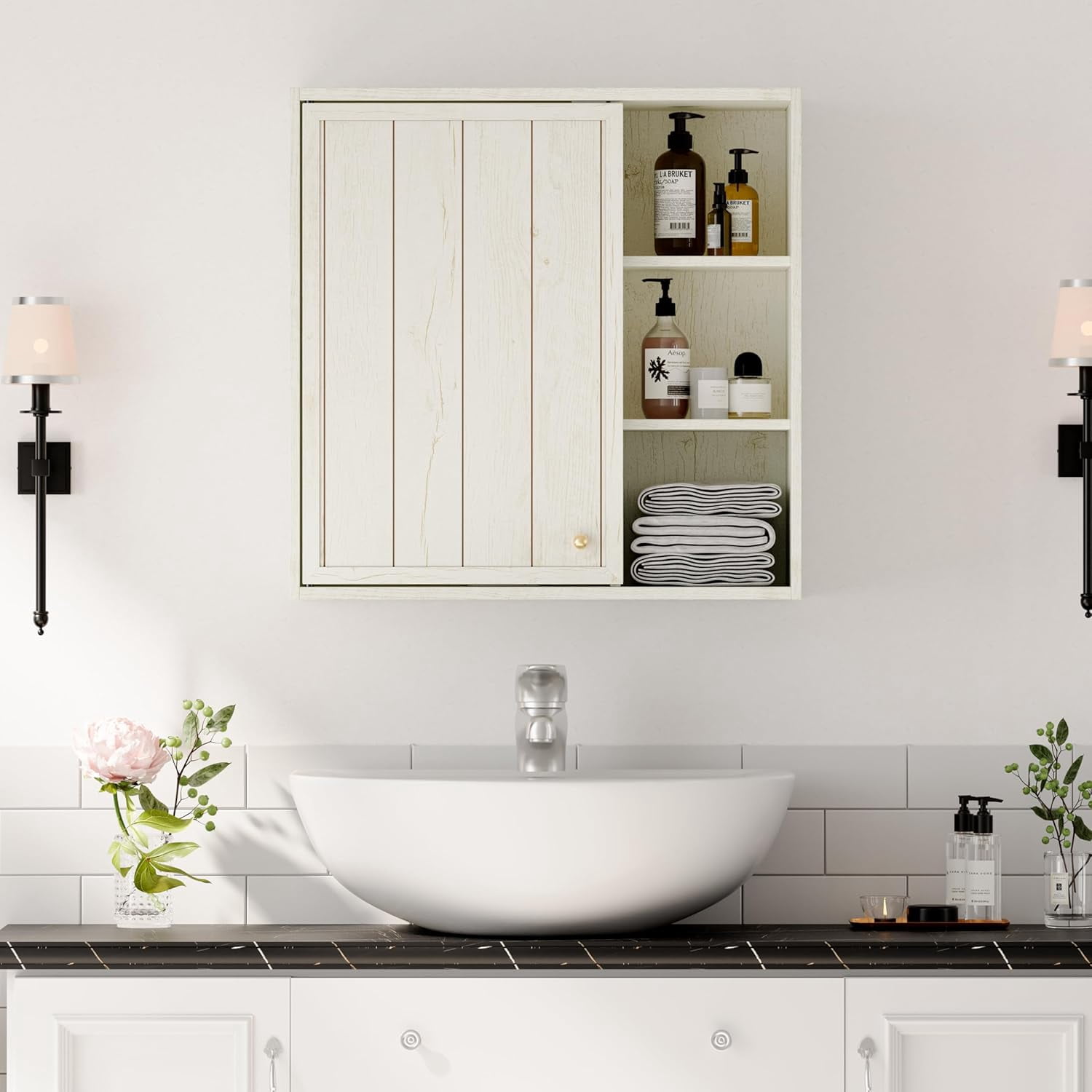 ANHDAH Bathroom Wall Storage Cabinet with Door and Adjustable Shelf, Over the Toilet Storage Cabinet for Kitchen, Laundry, White