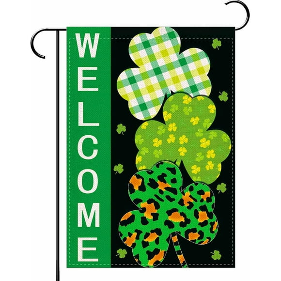 St Patricks Day Welcome Garden Flag 12.5x18 Inch,Green Shamrock Clover Spring Garden Flag Luck Shamrock Buffalo Plaid Flag Double Sided Farmhouse Outdoor Decor