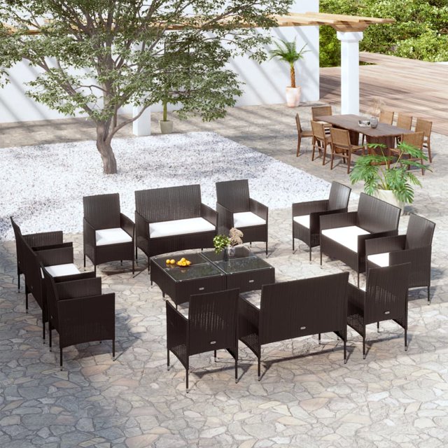 vidaXL 16 Piece Garden Lounge Set with Cushions Poly Rattan Black
