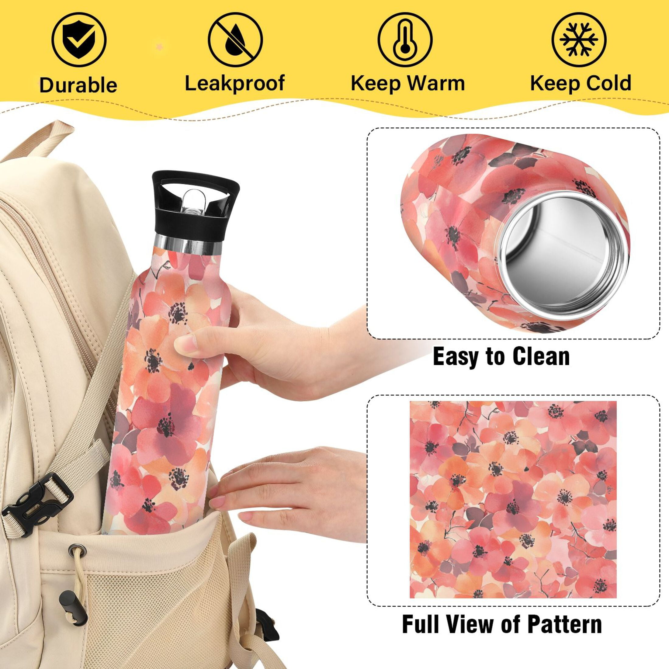 600ML Stainless Steel Insulated Cup Sports Water Bottle Portable Thermos Cup Water Glasses Insulated Tumblers Convenient and Durable Dark Red Flowers