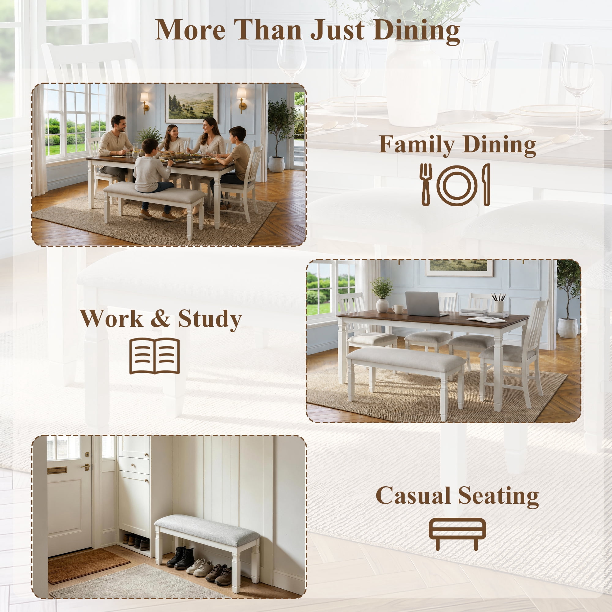 6-Piece Dining Table Set for 4, 77" Extendable Dining Table with 4 Upholstered Chairs and 1 Bench