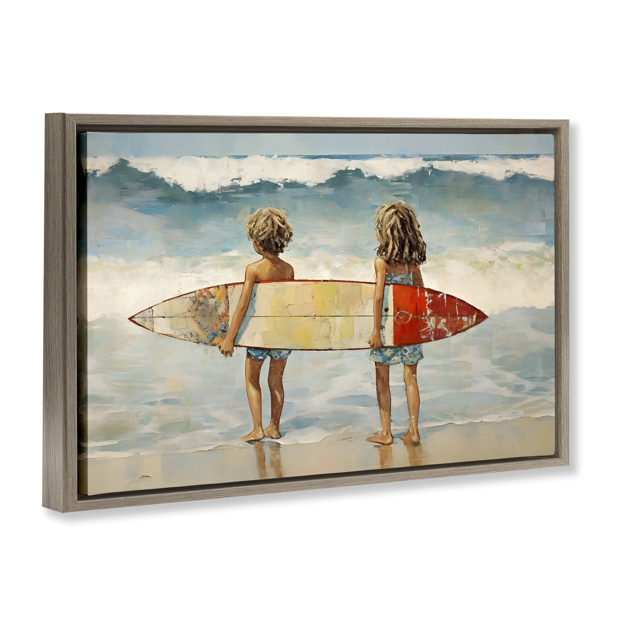 Stupell Industries Kids with Surf Waves People Painting Brown Floater Framed Canvas Art Print Wall Art, 31 x 21