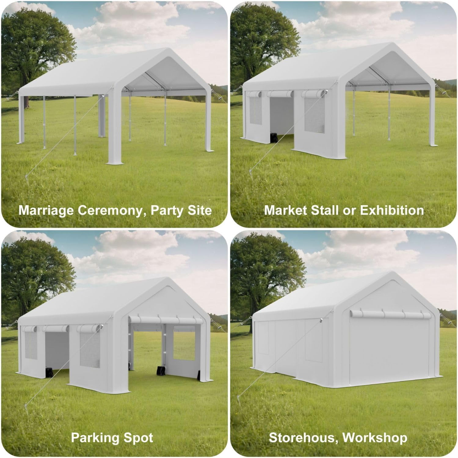 Luku Heavy Duty Portable Carport Garage, Galvanized Steel Frame, All-Weather 180G PE Canopy, 4 Roll-Up & 2 Side Doors, Ventilated Storage Shelter for Vehicles, Boats, Equipment (10x20/12x20/13x20 FT)