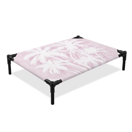 Palm Tree Elevated Dog Bed Tropical Plant Coastal Summer Pink Cooling Breathable Outdoor Raised Dog Cot Bed with Metal Frame Non-Slip Feet for Large Dog 28x22in