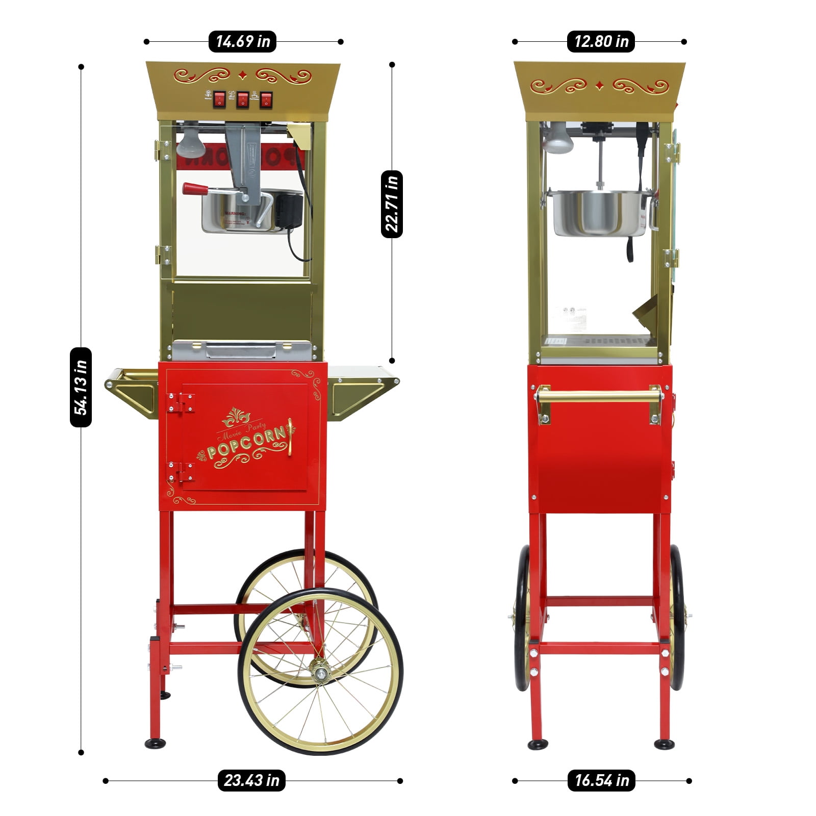 Aukfa Popcorn Machine with Cart, Popcorn Maker with 12 Oz Kettle Makes Up to 80 Cups for Commercial Home Movie Theater, Red