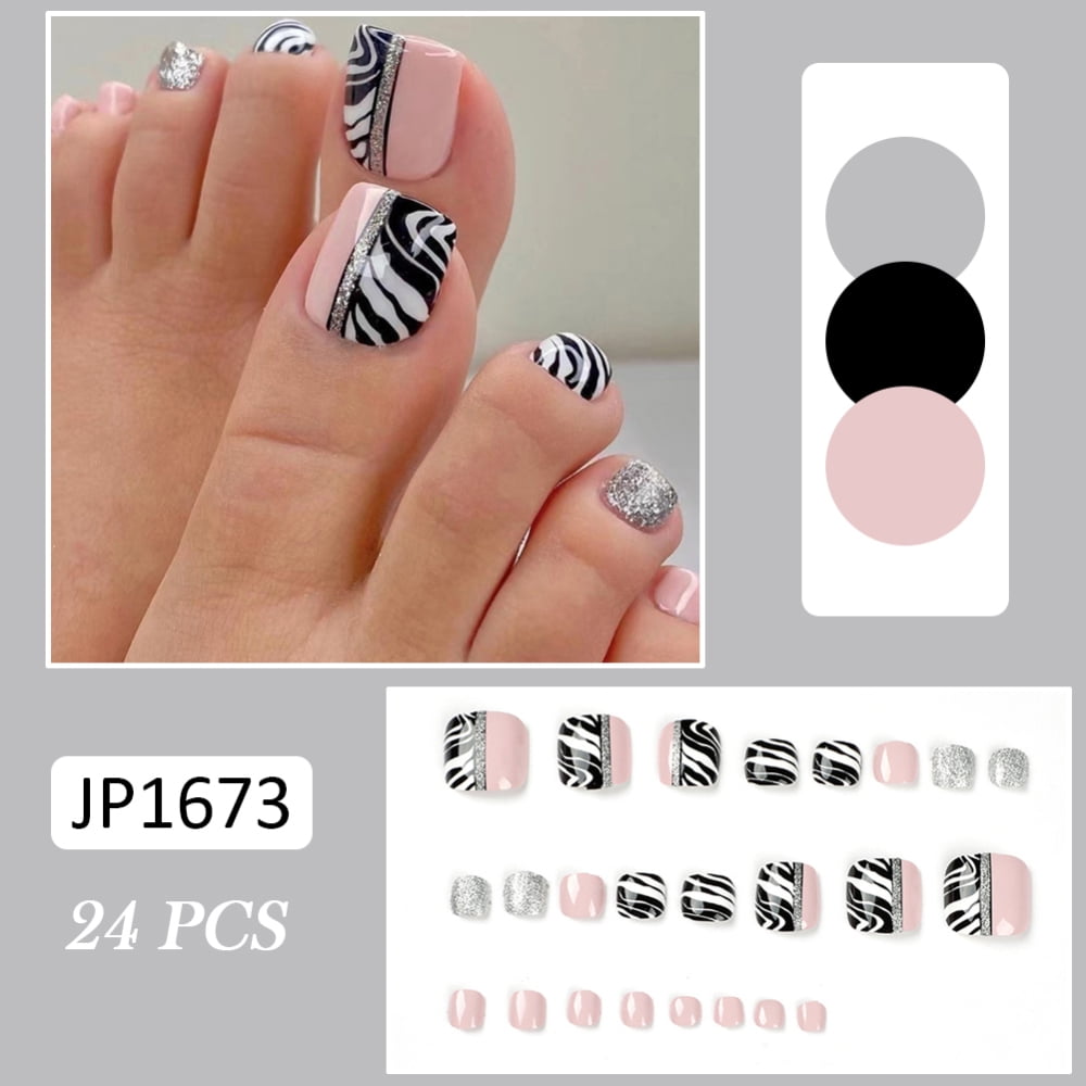 Jp1673 Nude Powder Foot Nails Black And White Lines Wearing Nail Art24Pcs  Fake Toenails Black White Lines Design Short Full Cover False Toenails -  Walmart.com