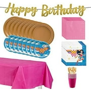 Party City Superstar Wonder Woman Birthday Tableware for 16 Guests, Superhero Plates, Napkins, Utensils, and Decorations
