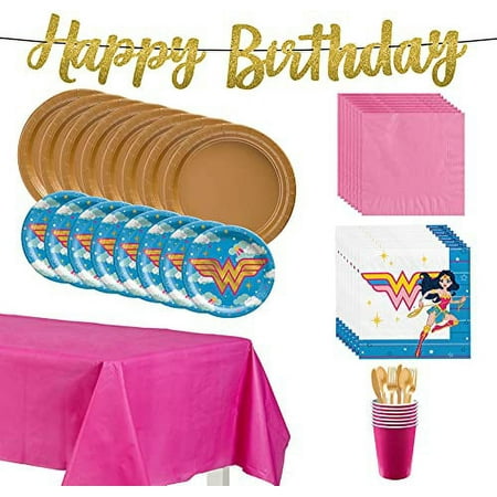 Party City Superstar Wonder Woman Birthday Tableware for 16 Guests, Superhero Plates, Napkins, Utensils, and Decorations