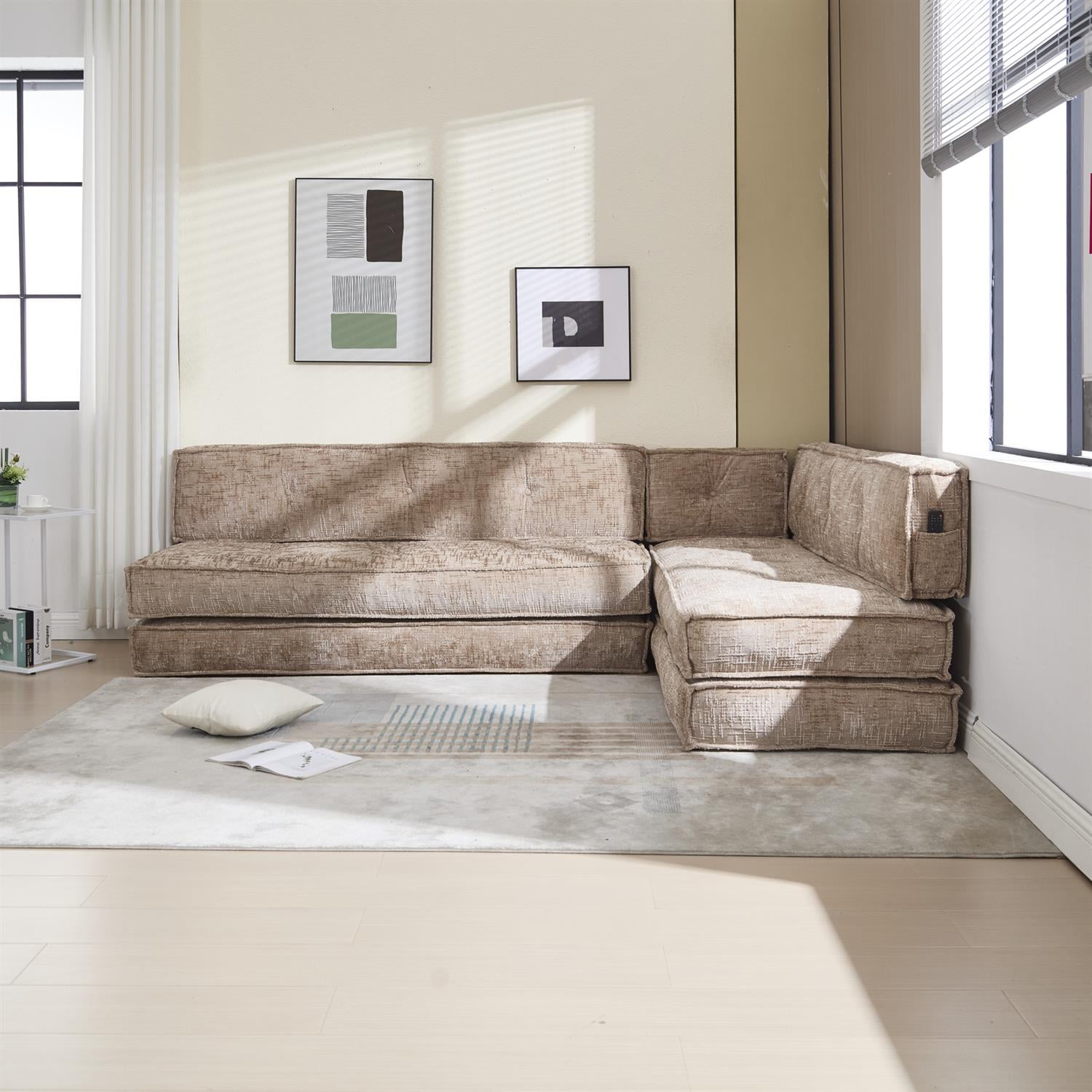 Demi Bonn 78" Versatile Chenille Sectional Sofa with Side Pocket, Modern Couch for Living Room, Customize Layout to Fit Any Space, Beige