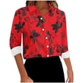 thumbnail image 2 of QUNYINEY Red Womens T Shirts Collared Floral Long Sleeve Casual Blouse Loose Button Down Drop Shoulder T-Shirts Womens Tops, 2 of 4