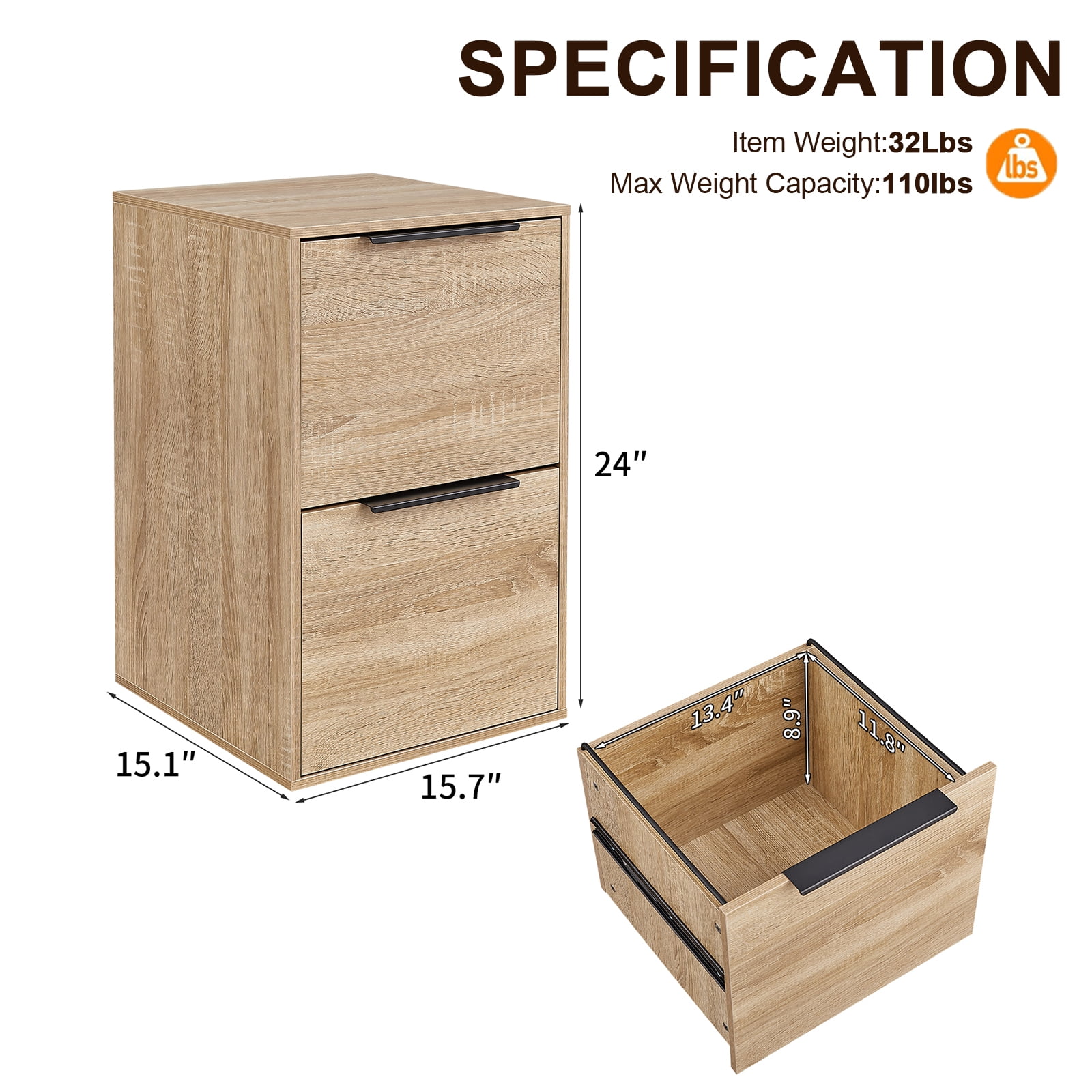 Marcree 2 Drawer File Cabinet, Wood Small Filing Cabinets with Hanging Bars for Letter Size, Wooden Vertical File Cabinets for Home Office, Oak