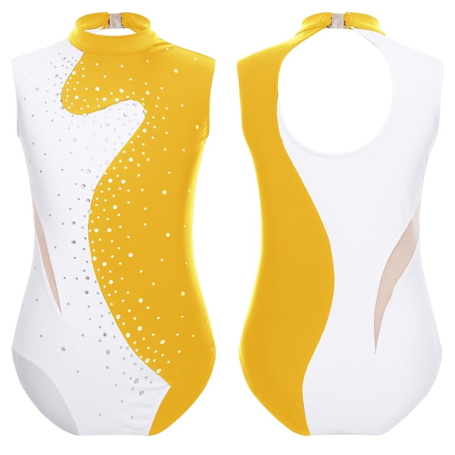 YiZYiF Gymnastics Leotards for Girls Ballet Leotards Athletic Dance Bodysuit Color Block Skating Jumpsuit Yellow 10