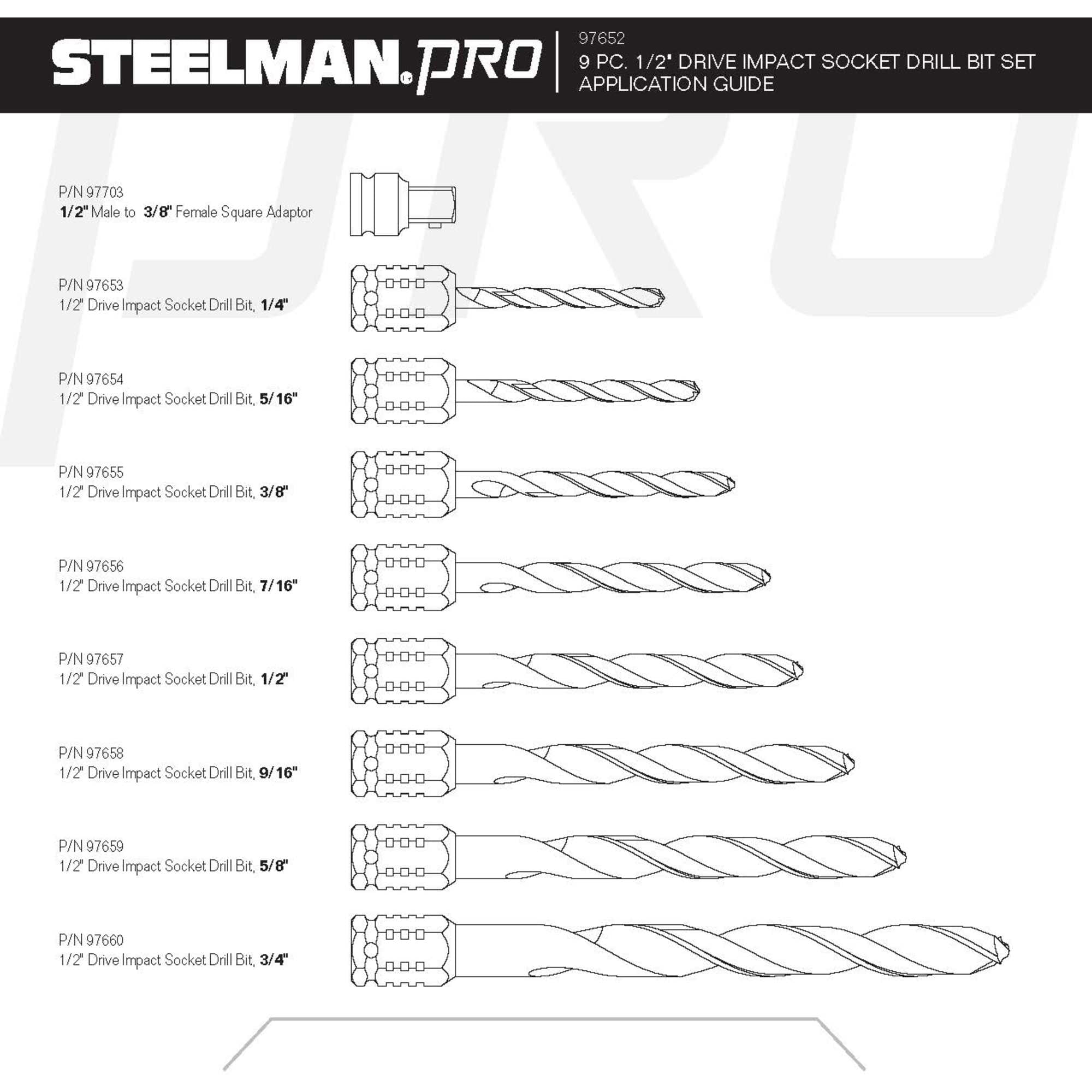 Steelman Pro 97652 1/2Inch Drive Impact Grade Drill Bit Set 9Piece