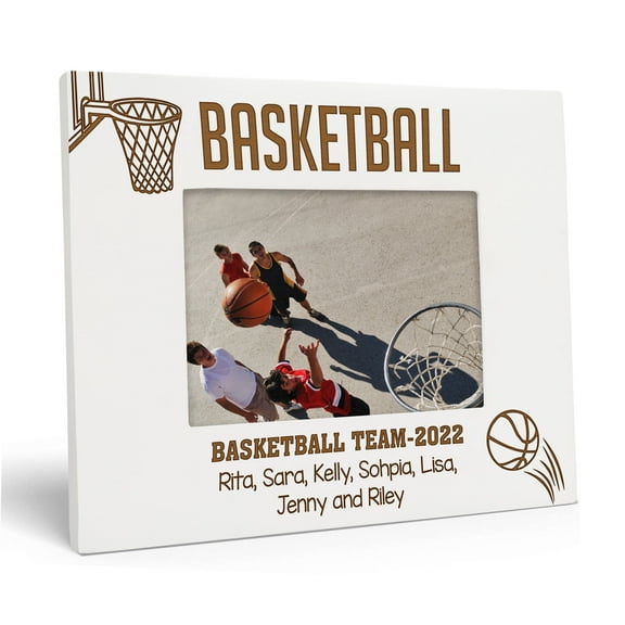 Darling Souvenir MADE WITH LOVEPersonalized WoodEngraved Picture Frame, Table Top WhitePhotoFrame (Basketball) Customizable Quote - 4x6l Inches Horizontal
