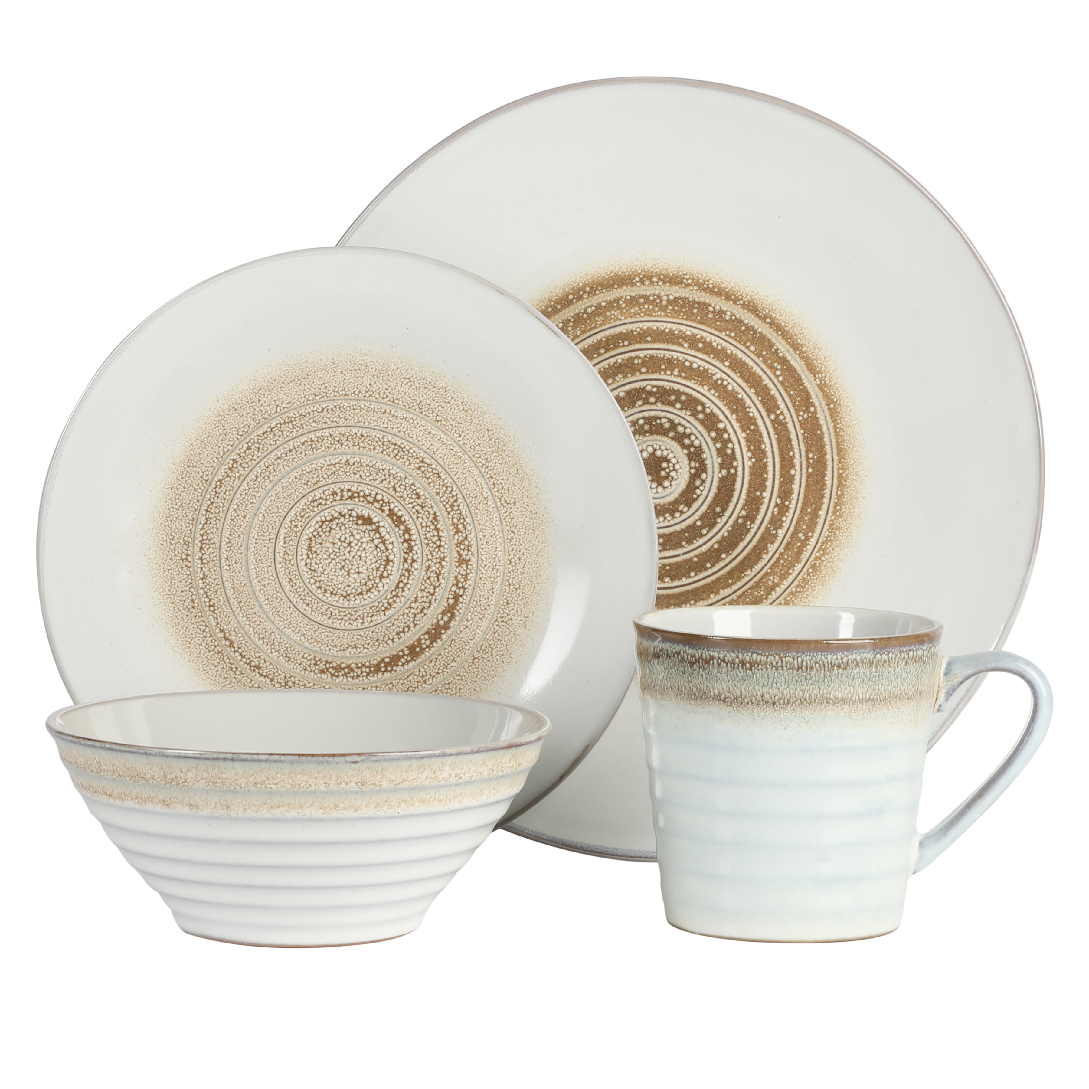 Gibson Elite Spiral 16 Piece Reactive Embossed Stoneware Dinnerware Set - Taupe